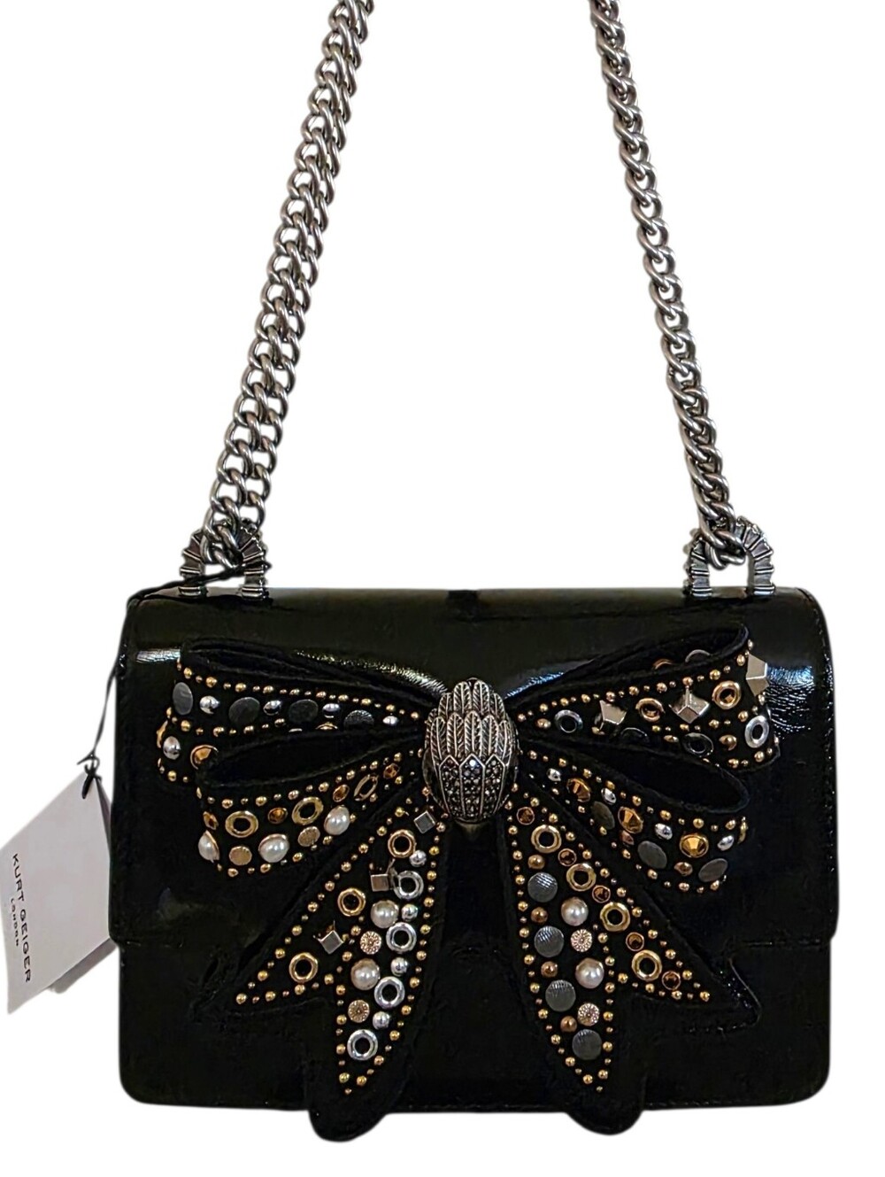 NEW Kurt Geiger Small Bow Shoreditch Black Patent Leather Bag w/ Chain Strap NWT